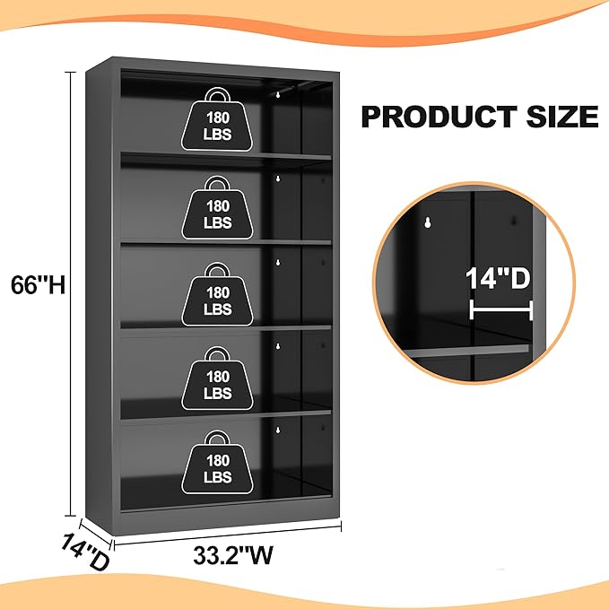 66" Tall Metal Bookcase, 5 Shelf Black Bookcase with Adjustable Shelves, Large Bookshelves and Bookcases, Modern Book Shelf Storage Organizer for Living Room, Home Office, Library (Black)-CasaMuseHome