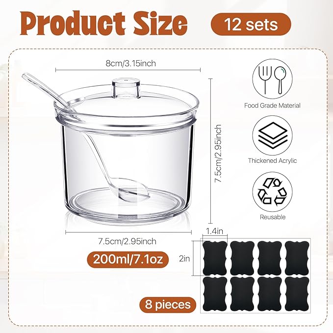 12 Pcs Acrylic Sugar Bowl with Lid and Spoon,7.1 Oz Clear Condiment Storage Pot,Sugar Jar Spices Container for Home Kitchen,Coffee Bar,Restaurant-CasaMuseHome