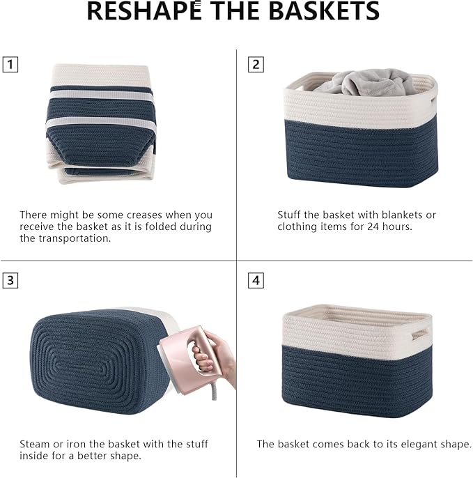 4 Pack Storage Baskets for Organizing, Woven Baskets for Shelves - Perfect for Toys, Books, Towels, and Clothes, Durable Gift Basket Bins Toy Storage, 12.7''L x9''W x7.8''H, Blue and White-CasaMuseHome