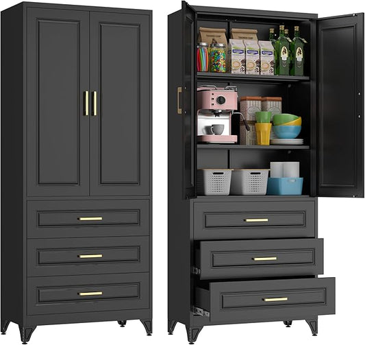 75" Kitchen Pantry Cabinet, Metal Storage Cabinets with Doors and Adjustable Shelves, Black Tall Pantry Cabinet with 3 Drawers for Dinning Living Room-CasaMuseHome