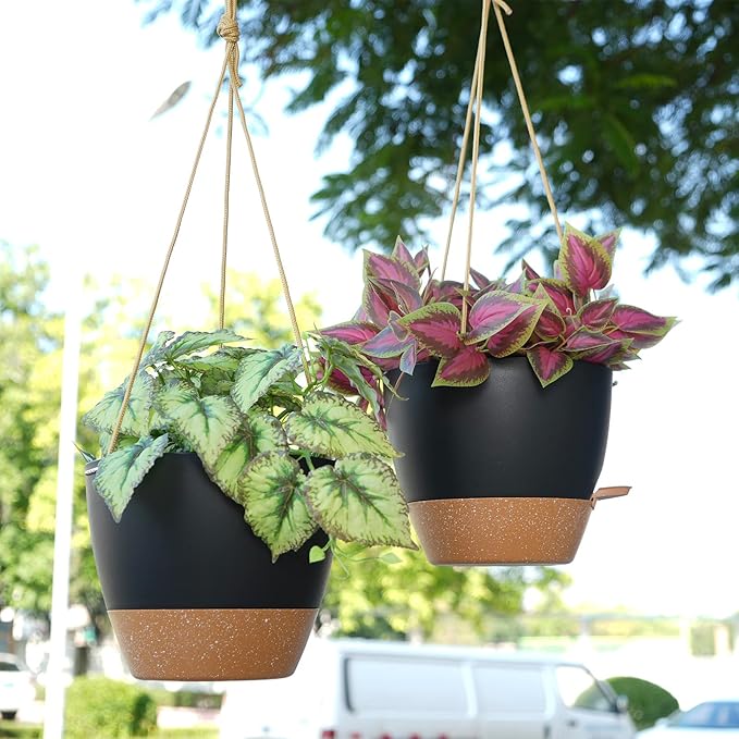 8 inch Hanging Planters, 2 Pack Self Watering Hanging Pots with 20oZ Deep Reservoir for Indoor Outdoor Plants Flowers, Black with Brown-CasaMuseHome