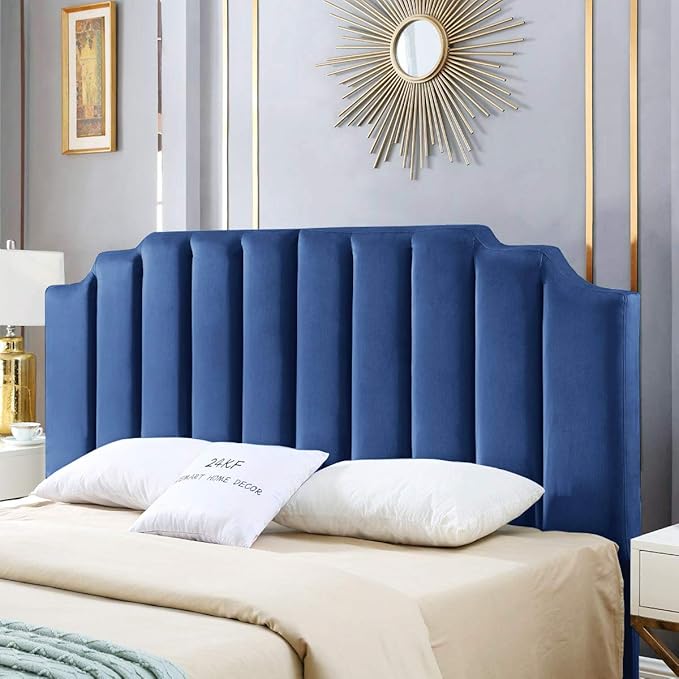 24KF Navy Blue Velvet Tufted King Upholstered Headboard, Modern Vertical Channel Design California King Headboard with Stepped Silhouette Top Edge, Navy Blue-CasaMuseHome
