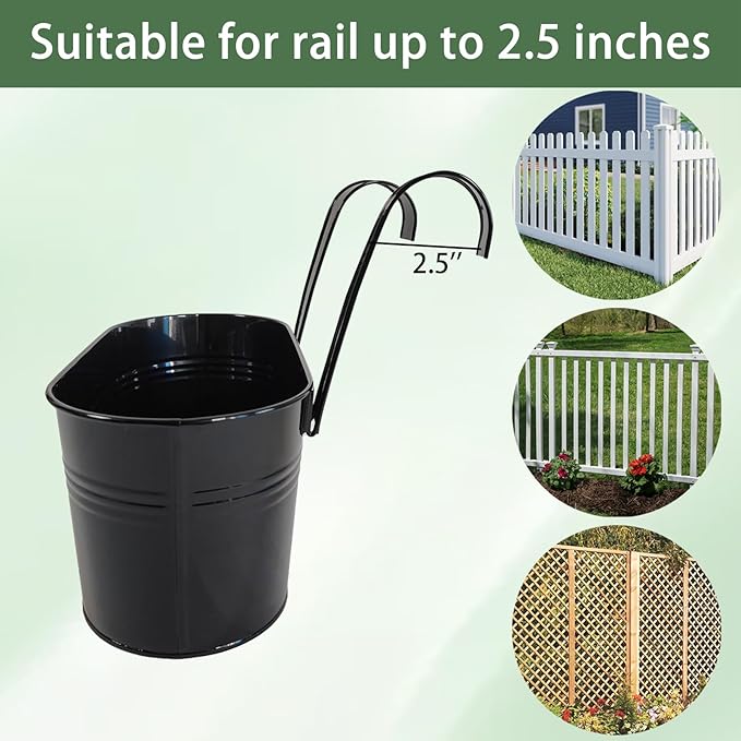 4 Pack Metal Hanging Planter for Outdoor Plants, 10 Inch Black Fence Planters Railing Pots for Garden Patio Balcony Decor, Flower Bucket with Detachable Hooks (Black, 4Pcs)-CasaMuseHome