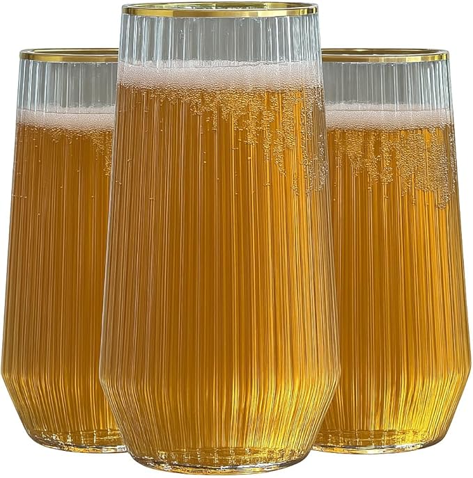 48 Pack Ribbed Ripple Stemless Toasting Glasses, Origami Durable 9 Oz BPA-Free Disposable Plastic Champagne Flutes for Weddings, Bars, Events, and Celebrations (Gold Rim)-CasaMuseHome
