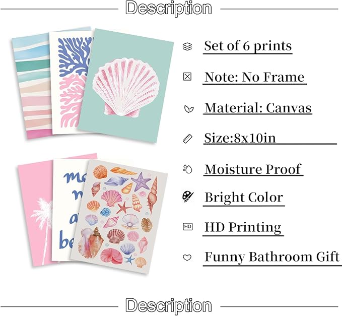 6 Pcs Coastal Beachy Wall Art Tropical Summer Shell Ocean Paintings Prints Posters Trendy Pink Preppy Palm Tree Canvas Wall Decor Aesthetic for Bedroom Living Room Dorm Apartment 8x10inch Unframed-CasaMuseHome