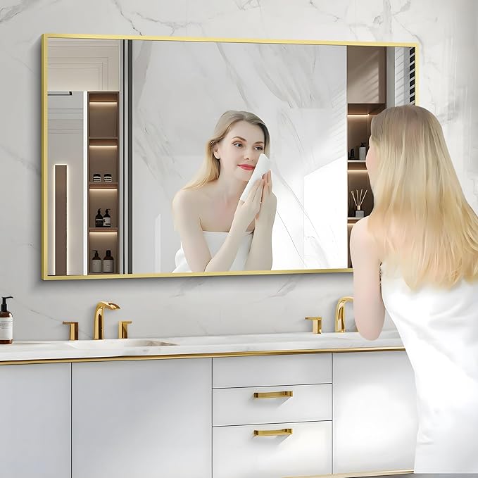 36x55inch Bathroom Mirror, Gold Rectangle Mirror with Thin Metal Frame, Large Rectangular Wall Mirror for Bathroom, Living Room, Hair Salon, Big Farmhouse Mirror Hang Horizontal/Vertical-CasaMuseHome