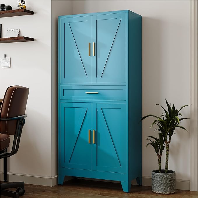 71 "Farmhouse Metal Filing Cabinet with a Drawer and 4 Adjustable Shelves, with 4 Large barn Door White Kitchen Cabinets, Metal Food Cabinets for Home, Kitchen, Dining/Living Room (Peacock Blue)-CasaMuseHome