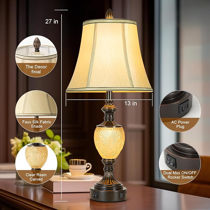 27'' High Vintage Table Lamp Set of 2 for Living Room Farmhouse Bedside Lamp with Fabric Shades Boho Nightstand Lamp with USB and Nightlight for Bedroom Home Office Hotel Bar (Bulb Included)-CasaMuseHome