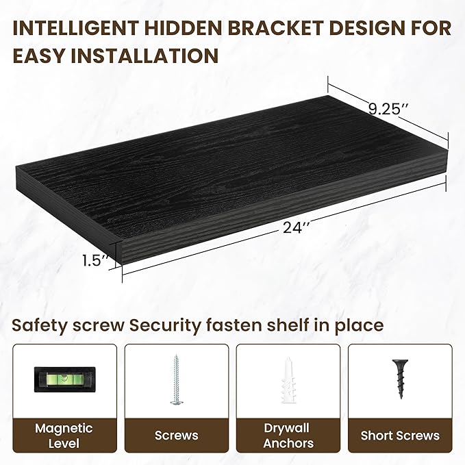 24 Inch Floating Shelves, 24"x9.25"x1.5" Inch Deep Floating Shelves for Wall, Wooden Shelves for Bathroom, Bedroom, Living Room, Black-CasaMuseHome