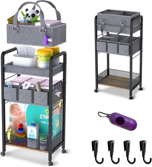 2IN1 Baby Diaper Caddy Organizer-3 Tier Rolling Storage Cart with Dividers - Bedside Diaper Caddy Cart for Baby Nursery Newborn Essentials-Mobile Utility Carts with Wheels for Changing Table-CasaMuseHome