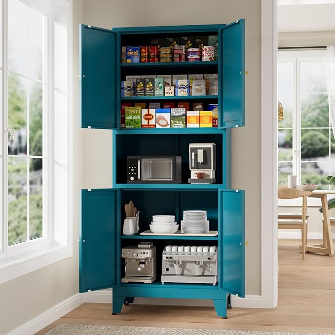 69" Tall Kitchen Pantry Cabinet, Metal Storage Cabinet with 4 Doors and Adjustbale Shelves, Freestanding Cupboards for Dining Room, Living Room, Bathroom-CasaMuseHome