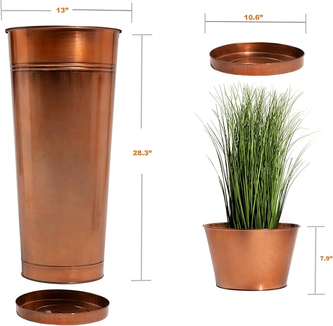 28in Tall Antique Copper Metal Vintage Planter Set of 2,Galvanized Steel Planter Pots for porches/Indoor/Outdoor/terraces Patio- Copper Color(2planters,2inner pots with Holes, 2trays)-CasaMuseHome