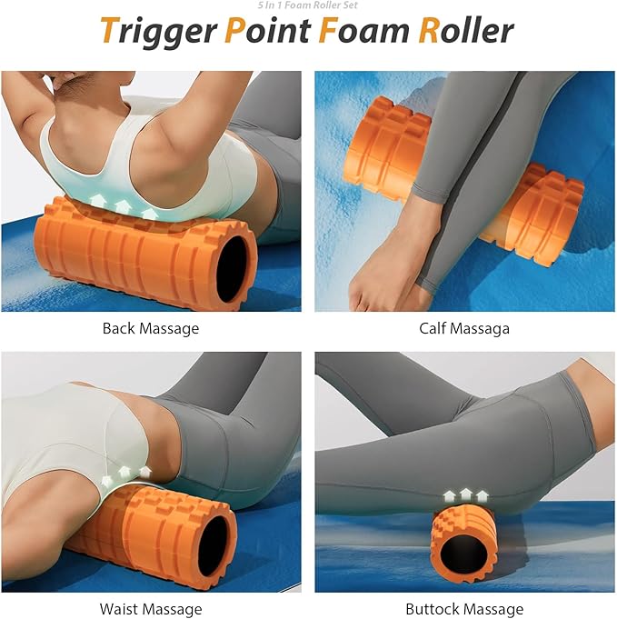 5 in 1 Foam Roller Set for Deep Tissue Muscle Massage, Trigger Point Fitness Exercise Foam Roller, Massage Roller, Massage Ball, Stretching Strap, for Whole Body (Orange-New)-CasaMuseHome