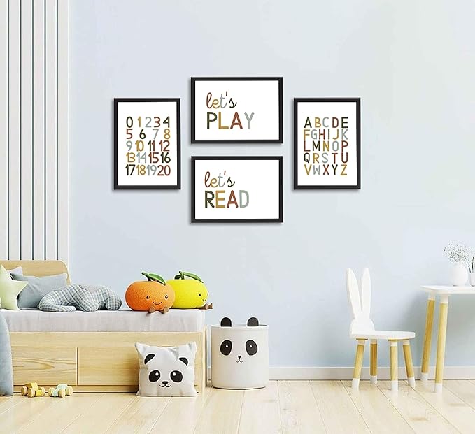 4 Pcs Boho Playroom Canvas Wall Art Nursery Toddler Educational Let's Read Let's Play Painting Pictures Wall Decor Posters Print Artwork for Girl Boy Childs Room Classroom Home Decoration Unframed-CasaMuseHome