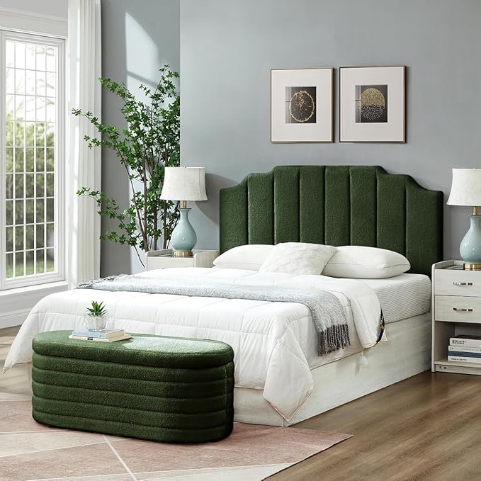 24KF Dark Green Teddy Fabric Tufted for Queen Upholstered Headboard, Modern Vertical Channel Design Full Headboard with Stepped Silhouette Top Edge, 6026-Q-Teddy Dark Green-CasaMuseHome