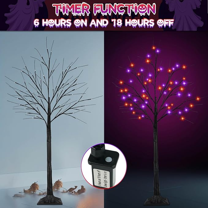 2Pack 5FT 200LED Black Halloween Tree Lights, Timer Function Lighted Black Trees with Purple and Orange Lights, Spooky Trees Light for Indoor Outdoor Halloween Decorations-CasaMuseHome
