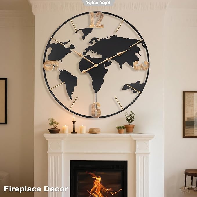 36 Inch Oversized Giant Extra Large Modern Decorative Metal World Map Wall Clock,Big Vintage Gold Arabic Numeral Wall Clocks for Living Room,Entryway,Office,Fireplace,Dining Room-CasaMuseHome