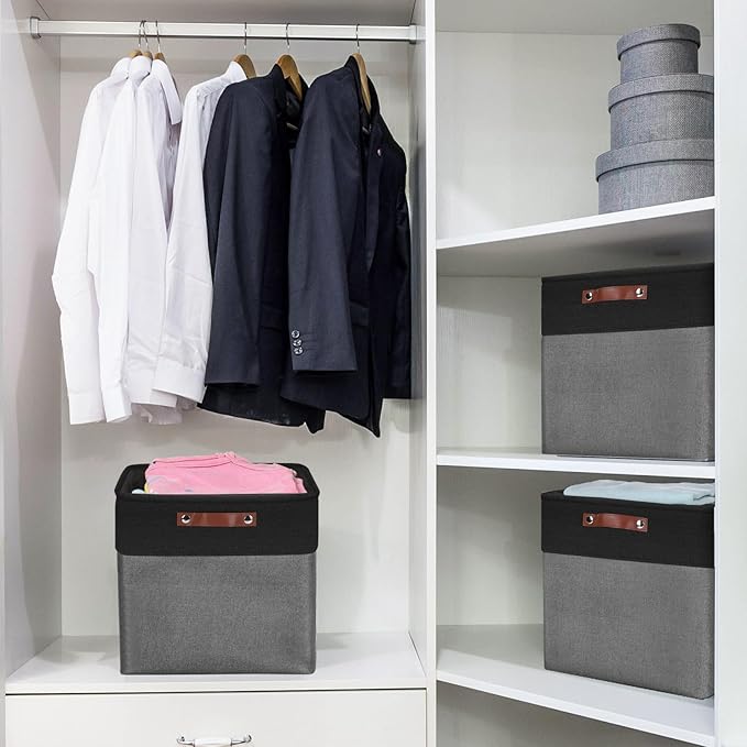 13x13 Cube Storage Bins, Collapsible Fabric Storage Box, 4 Pack Closet Baskets with Handles for Organizing, Shelf, Toys, Clothes, Home, Office, Nursery (Grey&Black)-CasaMuseHome
