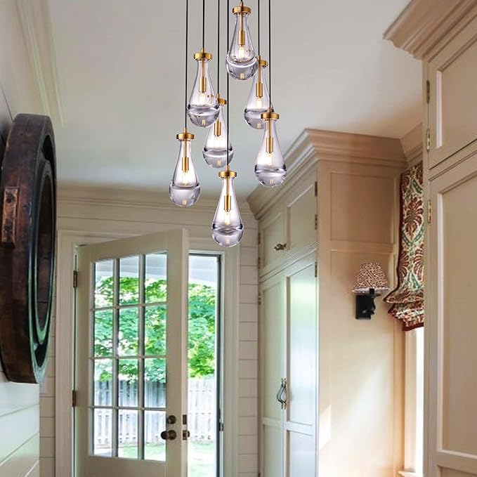 7 Light Raindrop Chandeliers, Brass Teardrop Cluster Pendant Lights Kitchen Island, Gold Dining Room Chandeliers Over Table Hanging Pendant Lighting for High Ceiling, Entryway Staircase-CasaMuseHome