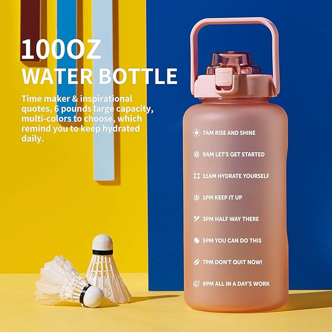 64oz,100oz,128oz Large Motivational Water Bottle with Time Marker, Leakproof & BPA Free Half Gallon Big Water Bottle with Straw Handle Tritan Frosted Water Jug for Gym,Fitness,Outdoor Sports-CasaMuseHome