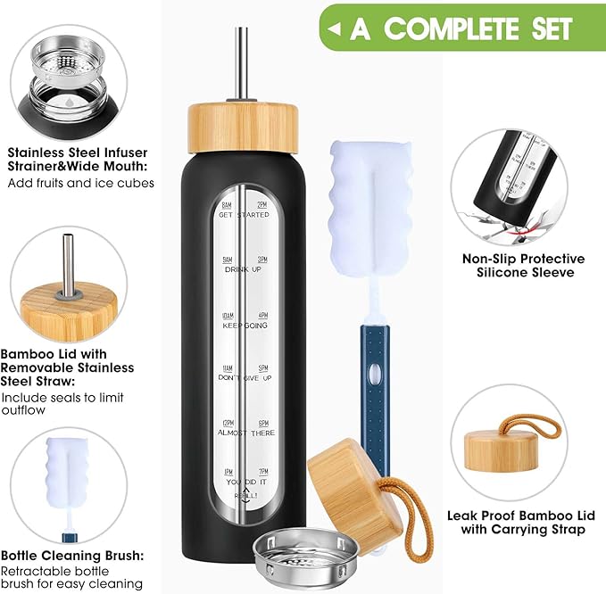 32 oz Glass Water Bottle with Straw - Motivational Time Marker & Silicone Sleeve - Reusable Tumbler Includes 2 Bamboo Lids & Fruit Infuser - 1 Pack-CasaMuseHome