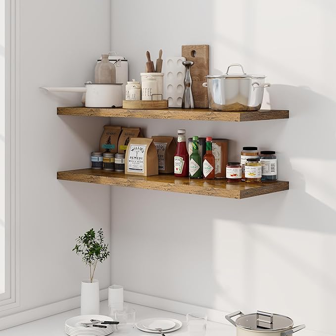 40" Floating Shelves for Wall, 12" Deep Slim Rustic Brown Floating Shelves, Wall-Mounted Shelves for Bedroom, Living Room, Kitchen, Bathroom - Set of 2-CasaMuseHome