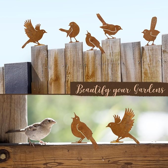 5PCS Rusty Birds Decoration,Outdoor Bird Wall Decor,Metal Birds Yard Decor, Metal Birds Craft Statue Ornaments - Garden Sculptures and Yard Art, Fence Decorations Outdoor,Rustic Garden Decor-CasaMuseHome