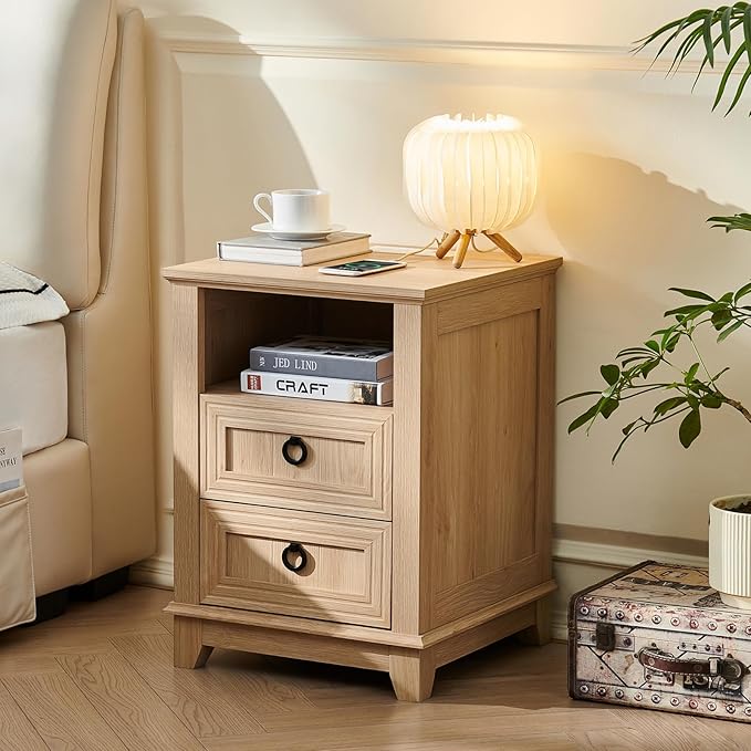 18" Farmhouse Night Stands Set of 2 with Charging Station, 2 Drawers Bedside End Table, Natural Wooden Nightstand, Bed Side Table Cabinet with Open Shelf for Bedroom Living Room Office-CasaMuseHome