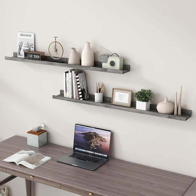 48 Inch Long Floating Shelves for Wall, Solid Pine Wood Picture Ledge Shelves with Lips, Nursery Book Shelves for Toys Storage Living Room Bedroom Photo Frames (2 Pcs, Grey)-CasaMuseHome