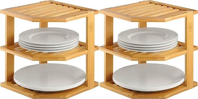 2-Pack Plate Organizer for Cabinet - Bamboo Corner Shelf for Kitchen or Bathroom Storage, Space-Saving Rack for Dishes, Countertop, Cabinet, Pantry - Organization & Housewarming Gift-CasaMuseHome
