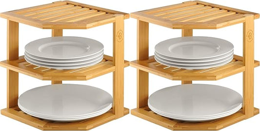 2-Pack Plate Organizer for Cabinet - Bamboo Corner Shelf for Kitchen or Bathroom Storage, Space-Saving Rack for Dishes, Countertop, Cabinet, Pantry - Organization & Housewarming Gift-CasaMuseHome