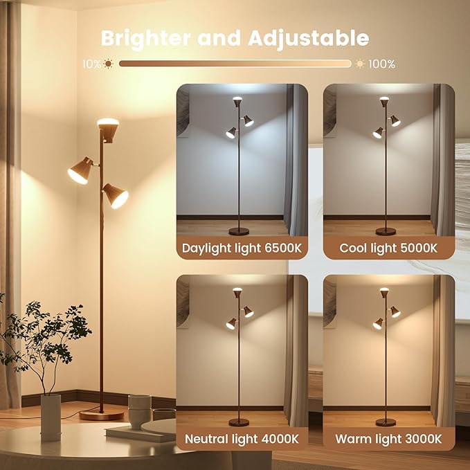 36W LED Tree Floor Lamp, Dimmable Tall Standing Lamp with Remote & Touch Control, 4 Color Temperatures Bright Floor Lamp, 3 Rotatable Light Modern Floor Lamps (Brown)-CasaMuseHome