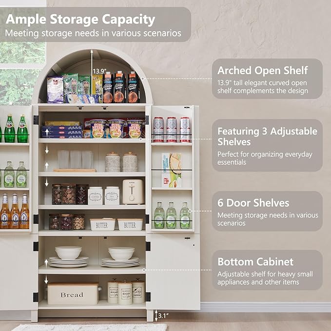 71" Tall Arched Bathroom Storage Cabinet, Modern Fluted Storage Cabinet w/Doors, 3 Adjustable Shelves, 6 Door Shelves, Wood Freestanding Cabinet for Bathroom, Entryway, Hallway, Antique White-CasaMuseHome