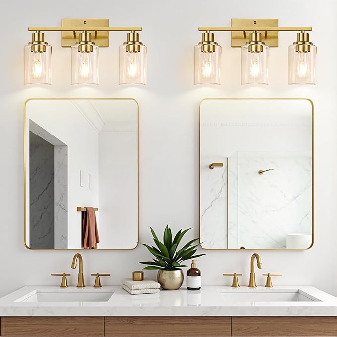 3-Light Vanity Lights with Clear Glass Shades, Brushed Gold Bathroom Light Fixtures Over Mirror, Modern Bathroom Wall Lamp for Mirror Living Room Cabinet Bedroom Porch-CasaMuseHome