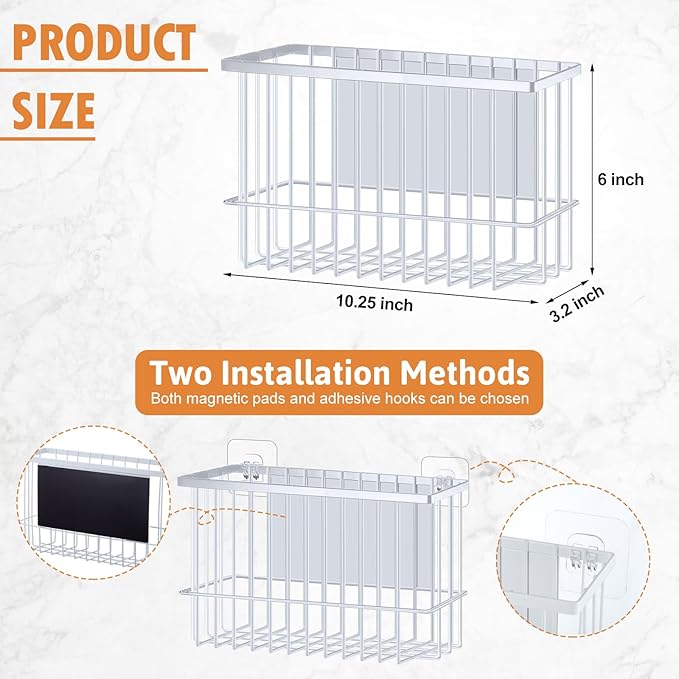 3 Pcs Magnetic or Adhesive Refrigerator Organizer Magnetic Baskets Kitchen Holder for Refrigerator Metal Shelf Rack Storage with 2 Types of Installation(White)-CasaMuseHome