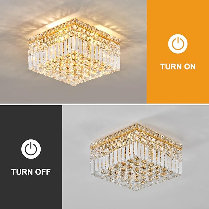 4-Light Gold Crystal Chandeliers Flush Mount Chandelier Light Fixture with K9 Crystals Modern Ceiling Lights Elegant Square Lamp for Bedroom,Hallway,Bar,Living Room,Dining Room,H5.9 xW13.7-CasaMuseHome