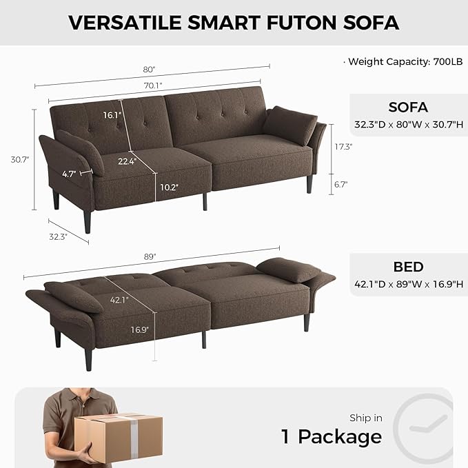 89” Futon Sofa Bed, Linen Comfy Futon Couch Bed with 2 Square Pillows, Convertible Sleeper Sofa with Adjustable Backrest& Armrests, Modern Loveseat Sleeper for Living Room, Bedroom, Brown-CasaMuseHome