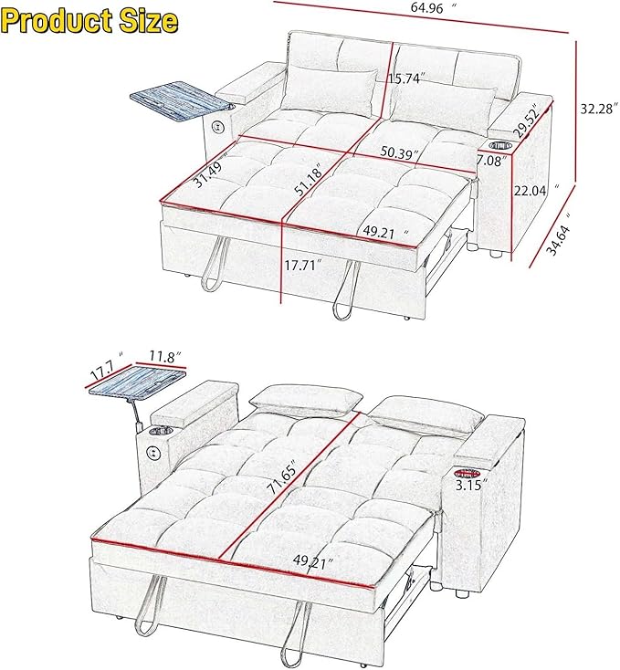 65''Convertible Sleeper Sofa Bed,3-in-1 Pull Out Couch Bed with 360 Degree rotatable Side Table and USB Ports for Living Room,RV (07beige)-CasaMuseHome