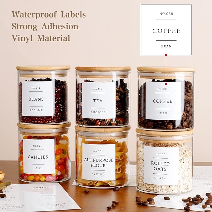 20 OZ Glass Food Storage Jars with 132 Pantry Labels Preprinted - 6 Pcs Thicken Glass Storage Containers with Airtight Bamboo Lid - Clear Kitchen Canister for Spice, Tea, Coffee, Sugar, Cookie, Candy-CasaMuseHome