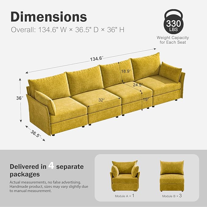 134.6" Modular Sectional Sofa, Oversized 4 Seater Couch with Removable Yellow Chenille Fabric Cover, Deep Seat & High Backrest for Living Room, Office & Apartment-CasaMuseHome