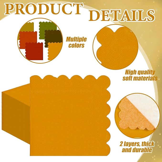 150 Pcs 5 x 5 Inches Fall Thanksgiving Paper Napkins Scalloped Cocktail Napkins Disposable Autumn Harvest Party Supplies Dessert Beverage Bathroom Table Dinner Wedding Decor-CasaMuseHome