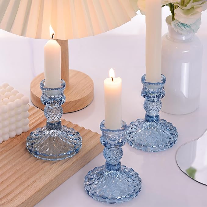 12Pcs 4" H Aqua Blue Candlestick Holders Set- Taper Candle Holders Bulk, Glass Candle Holders for Wedding, Party, Romantic Dinner Table Centerpieces, Festival Gifts & Windowsill Decor-CasaMuseHome