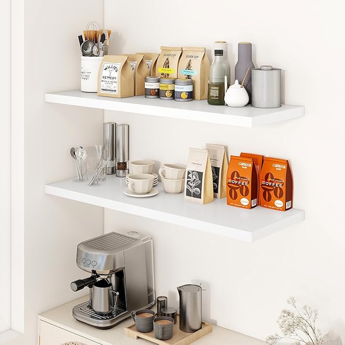 40" Floating Shelves for Wall, 12" Deep Slim White Floating Shelves, Wall-Mounted Shelves for Bedroom, Living Room, Kitchen, Bathroom - Set of 2-CasaMuseHome