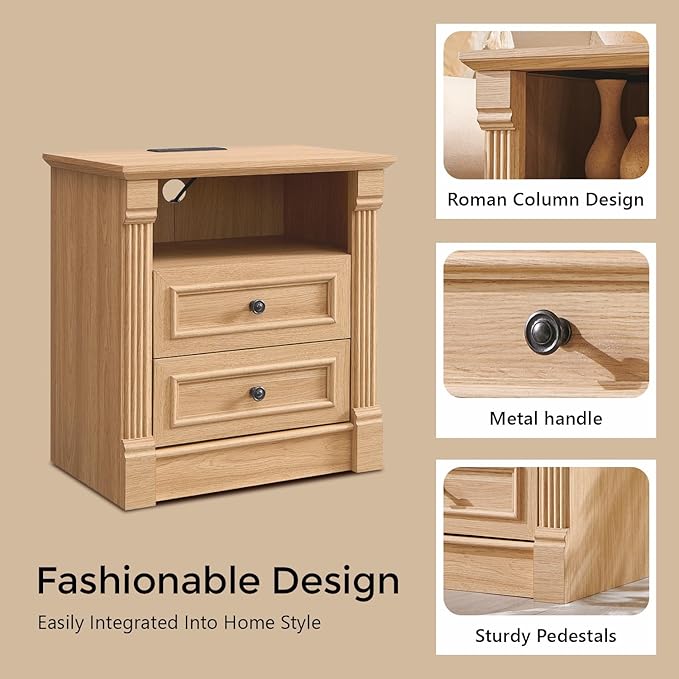 26" Tall Farmhouse Nightstand Set of 2, 2 Drawers End Table w/Charging Station, 23.6" Wide Large Side Tables w/Roman Column, Wood Rustic Sofa Tables w/Open Shelf, Bedside Table for Bedroom, Natrual-CasaMuseHome