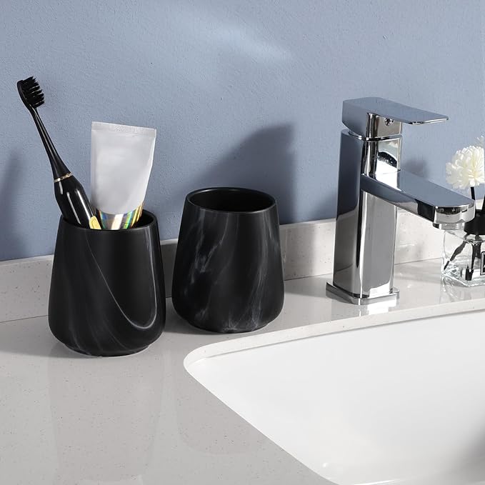 2Pcs Toothbrush Holder for Bathroom - Marble Black Ceramic Tooth Brushing Holders Set, Toothbrush Cup & Toothpaste Organizer for Bathroom Countertop, Makeup Brush Holder, Pen Holder for Home Storage-CasaMuseHome