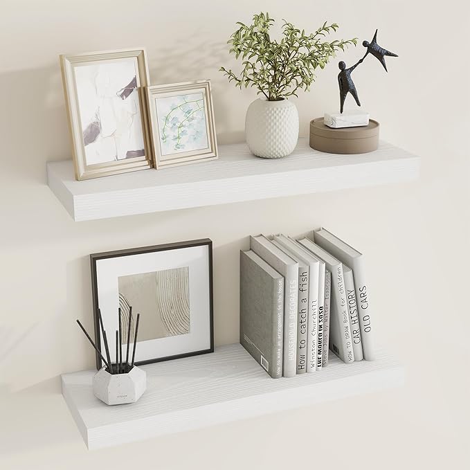 24 inch Floating Shelves Long Floating Shelves for Wall Large Wall Mounted Shelves with Invisible Brackets, White Shelves for Bathroom, Living Room, Kitchen, Office, 24x6.7 inch deep Set of 2-CasaMuseHome
