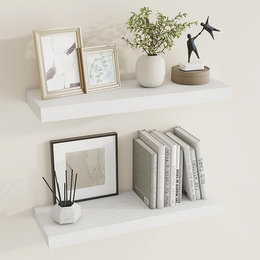 24 inch Floating Shelves Long Floating Shelves for Wall Large Wall Mounted Shelves with Invisible Brackets, White Shelves for Bathroom, Living Room, Kitchen, Office, 24x6.7 inch deep Set of 2-CasaMuseHome
