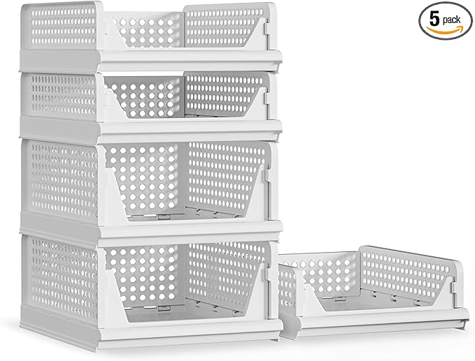 5 Pack Stackable Plastic Storage Basket Closet Organizer Bin Foldable Clothes Organizer Storage Drawer Shelf Container for Living room Bathroom Kitchen Office (2L+3S)-CasaMuseHome