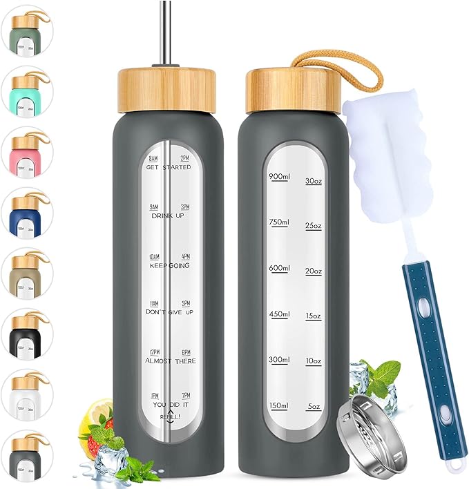 32 oz Glass Water Bottle with Straw - Motivational Time Marker & Silicone Sleeve - Reusable Tumbler Includes 2 Bamboo Lids & Fruit Infuser - 1 Pack-CasaMuseHome