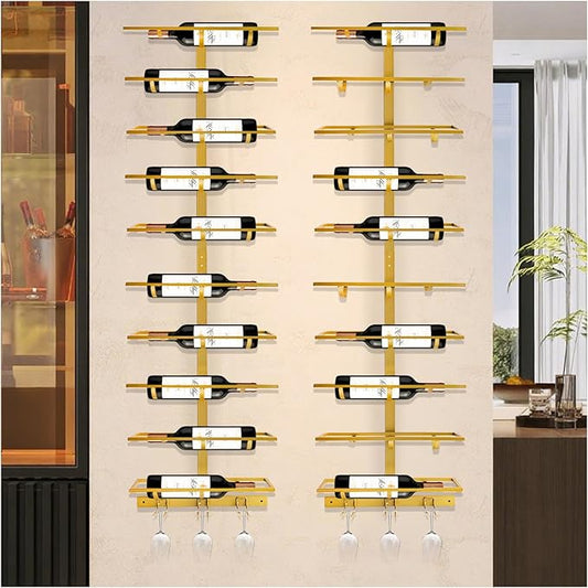 20 Bottle Wall Mount Wine Rack with Wine Glass Holder, Metal Wine Wall Rack, Wall Racks for Wine Bottles Display and Storage, Hanging Bottle Organizer for Living Dining Room Wine Cellar Bar (Gold)-CasaMuseHome